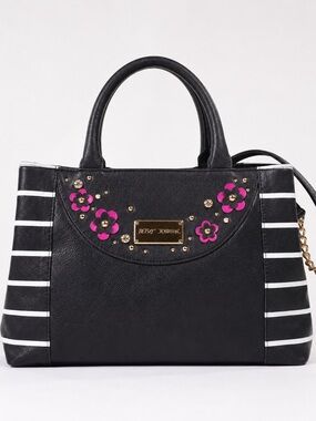 Betsey Johnson Black Handbag with Pink Floral Studs